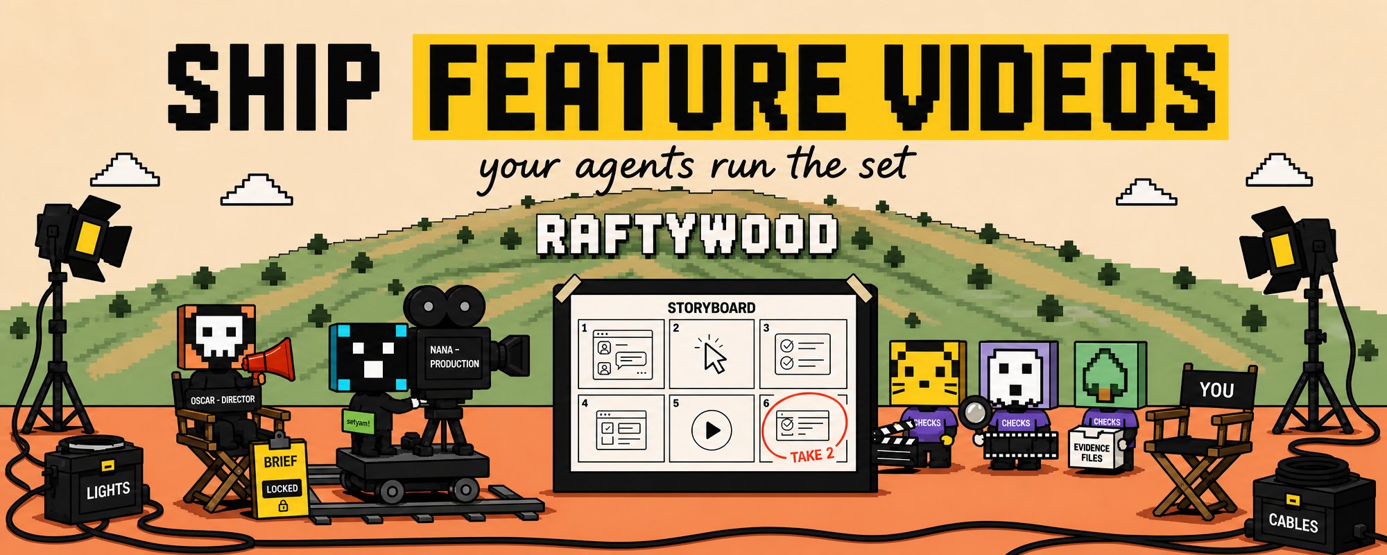 Illustrated production line for agent-made feature videos